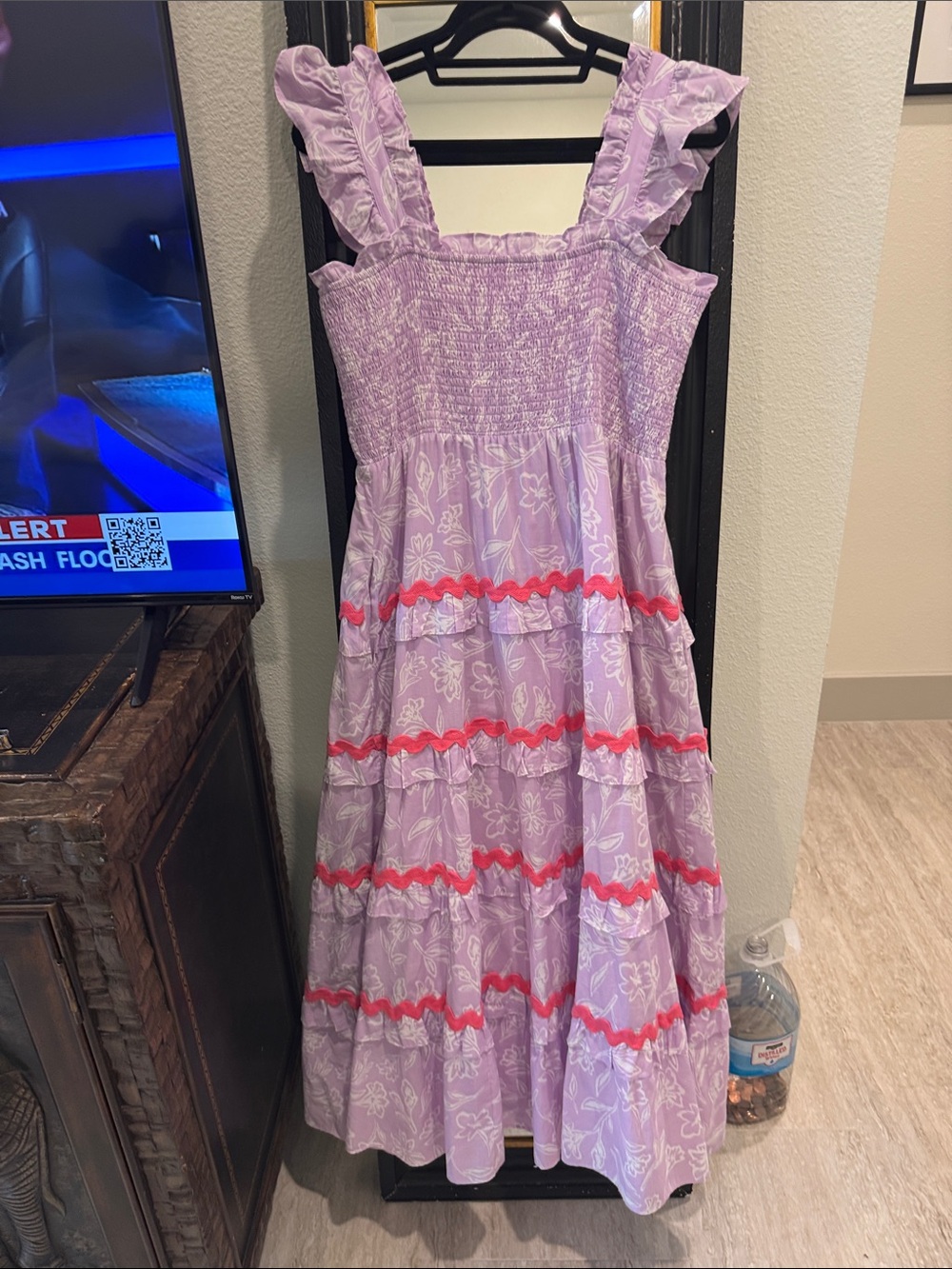 Lilac Ruffle Maxi Dress with Red Trim